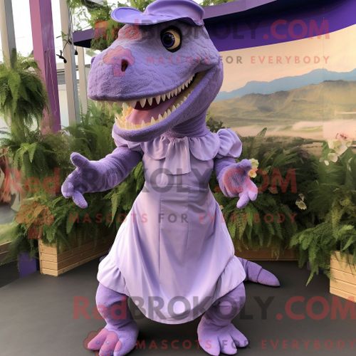 Personnage De Costume De Mascotte Redbrokoly Lavande T Rex Habillé Avec Une Jupe Plissée Et Des Ceintures De Smoking