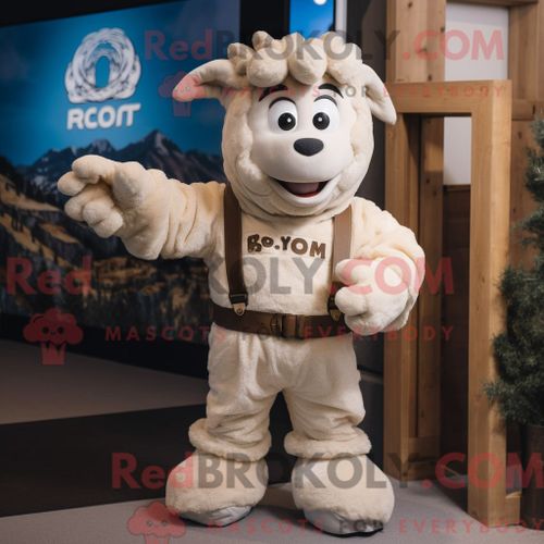 Costume Mascotte Redbrokoly De Bélier Beige Habillé D Un Jean Maman Et De Mitaines