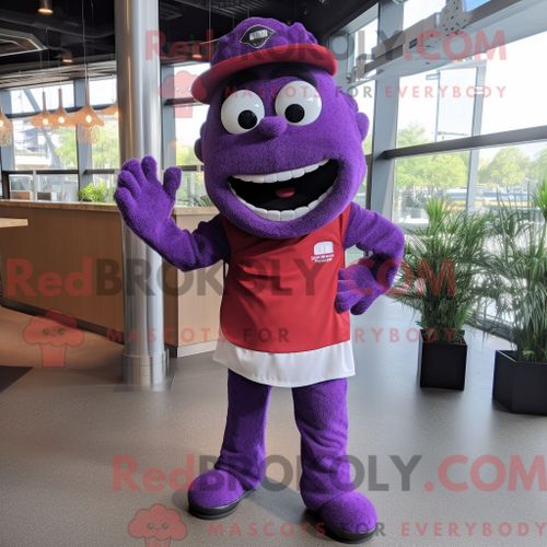 Costume Mascotte Redbrokoly De Falafel Violet Personnage Habillé Avec Un Rash Guard Et Des Bretelles
