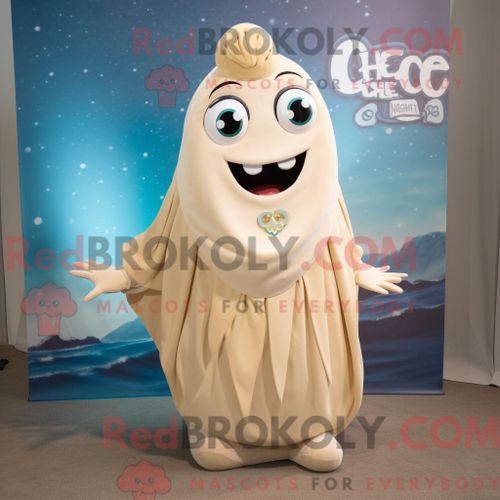 Personnage De Costume De Mascotte Redbrokoly De Ceviche Beige Habillé Avec Une Robe Trapèze Et Des Colliers