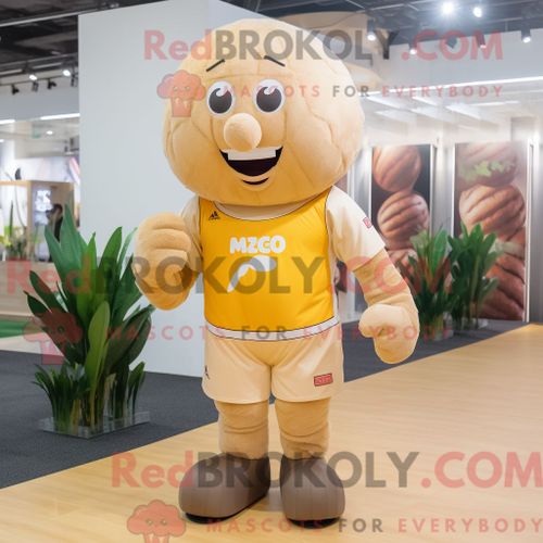 Costume Mascotte Redbrokoly De Mango Beige Personnage Habillé Avec Une Chemise De Rugby Et Des Lacets De Chaussures