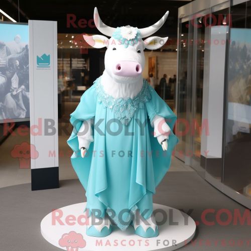 Costume De Mascotte Redbrokoly De Taureau Turquoise Habillé D Une Robe De Mariée Et De Coussinets De Pieds