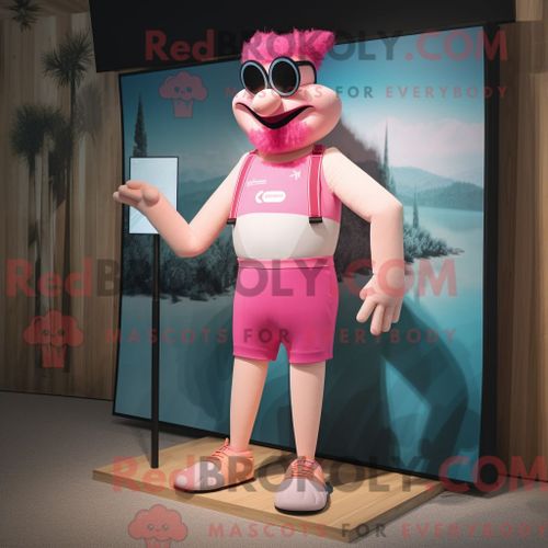 Costume Mascotte Redbrokoly D Acrobat Rose Personnage Habillé Avec Un Short Et Des Bretelles