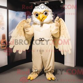 Costume Mascotte Redbrokoly De Harpie Crème Personnage Habillé Avec Une Combinaison Et Des Ceintures