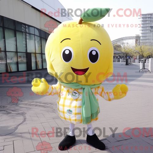 Personnage De Costume De Mascotte Redbrokoly De Pomme Jaune Citron Habillé Avec Une Chemise Boutonnée Et Des Clips Pour Écharpe