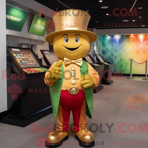 Personnage De Costume De Mascotte Redbrokoly Rust Pot Of Gold Habillé D Un T-Shirt À Col En V Et D Épingles À Chapeau
