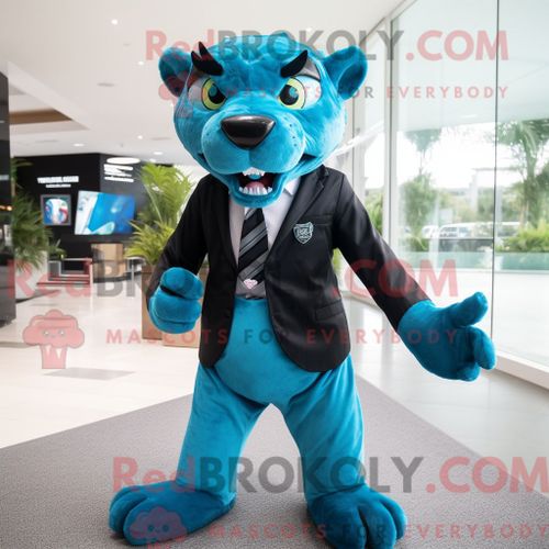 Personnage De Costume De Mascotte Redbrokoly De Panthère Cyan Habillé D Un T-Shirt Graphique Et D Épingles À Cravate