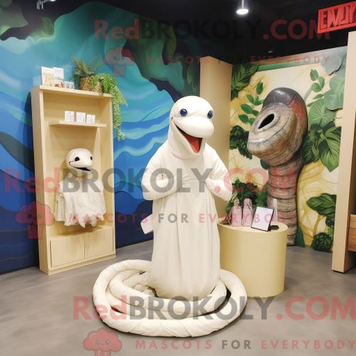 Costume Mascotte Redbrokoly De Titanoboa Crème Personnage Habillé Avec Une Robe De Mariée Et Des Portefeuilles