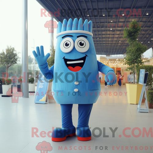 Costume Mascotte Redbrokoly De Frites Bleues Personnage Habillé Avec Un Pantalon De Costume Et Des Bracelets