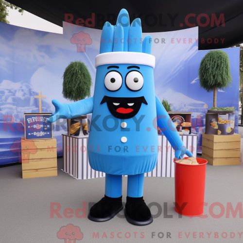 Costume Mascotte Redbrokoly De Frites Bleues Personnage Habillé Avec Un Pantalon De Costume Et Des Bracelets