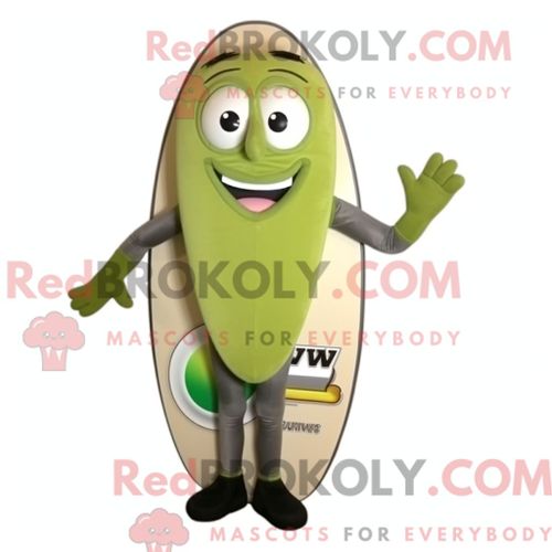 Personnage De Costume De Mascotte Redbrokoly De Planche De Surf Olive Habillé Avec Un Gilet Et Des Montres