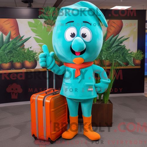 Costume Mascotte Redbrokoly De Carotte Turquoise Habillé Avec Un Bermuda Et Des Porte-Documents