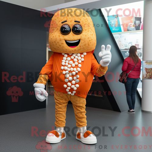 Personnage De Costume De Mascotte Redbrokoly Rust Pop Corn Habillé Avec Un Jean Skinny Et Des Montres Numériques