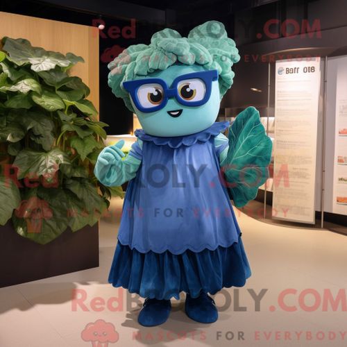 Costume Mascotte Redbrokoly De Feuille De Chou Bleue Habillé D Une Jupe-Culotte Et De Lunettes De Lecture
