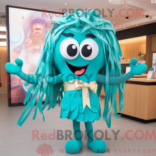 Personnage De Costume De Mascotte Redbrokoly De Spaghetti Sarcelle Habillé Avec Des Leggings Et Des N?uds Papillons