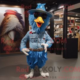 Costume Mascotte Redbrokoly De Coq Bleu Ciel Habillé Avec Un Jean Et Des Chapeaux