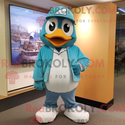 Personnage De Costume De Mascotte Redbrokoly De Glace Sarcelle Habillé Avec Une Chemise Habillée Et Des Casquettes