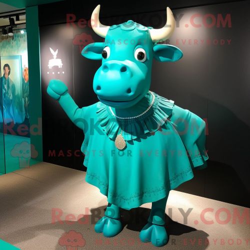 Costume De Mascotte Redbrokoly De Taureau Turquoise Habillé D Une Jupe Plissée Et D Épinglettes