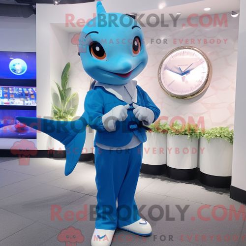 Costume De Mascotte Redbrokoly De Dauphin Bleu Habillé D Une Jupe Trapèze Et De Montres Intelligentes