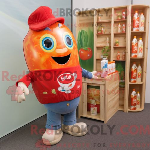 Personnage De Costume De Mascotte Redbrokoly De Bouteille De Ketchup De Pêche Habillé Avec Une Chemise En Jean Et Des Pochettes De Costume