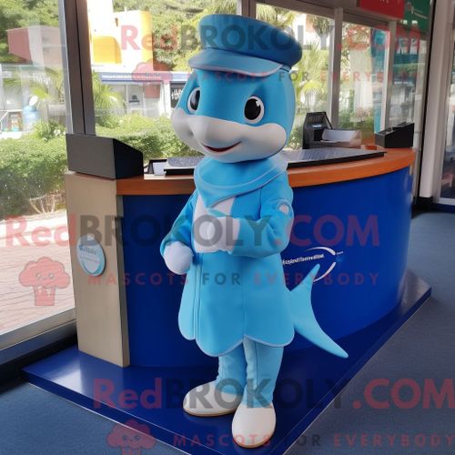 Costume De Mascotte Redbrokoly De Dauphin Bleu Habillé D Une Jupe Trapèze Et De Montres Intelligentes