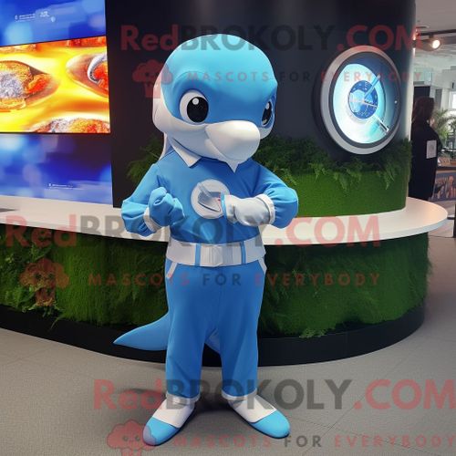 Costume De Mascotte Redbrokoly De Dauphin Bleu Habillé D Une Jupe Trapèze Et De Montres Intelligentes