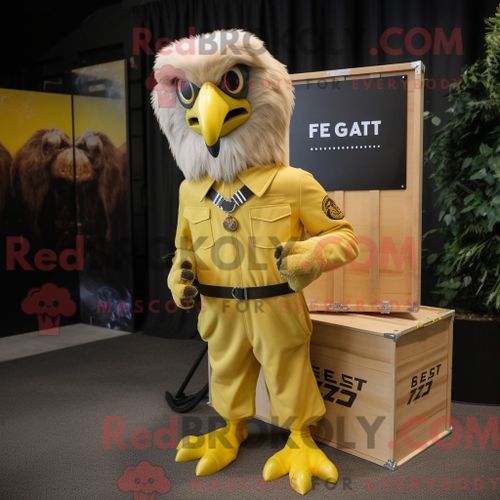 Costume De Mascotte Redbrokoly D Aigle De Haast Jaune Citron Personnage Habillé Avec Un Pantalon Cargo Et Des Colliers