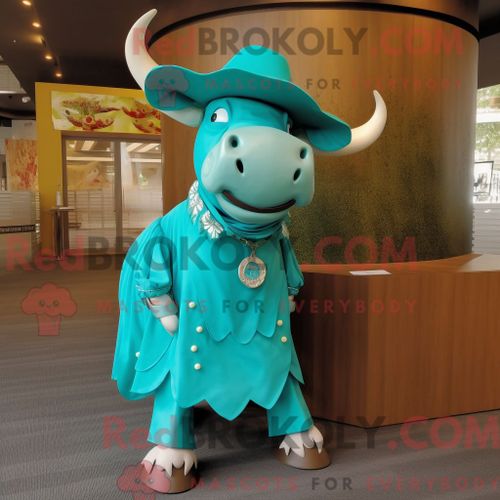 Costume De Mascotte Redbrokoly De Taureau Turquoise Habillé D Une Jupe Plissée Et D Épinglettes
