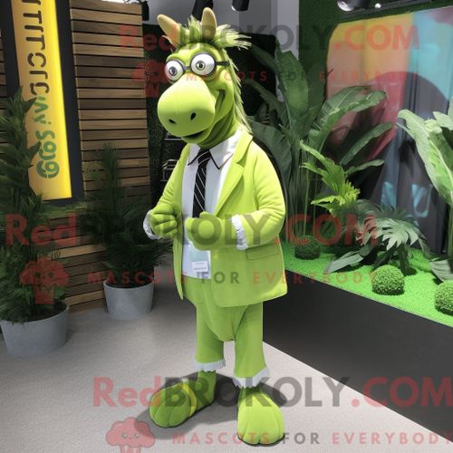 Costume Mascotte Redbrokoly Quagga Vert Citron Habillé D Un Gilet Et De Lunettes