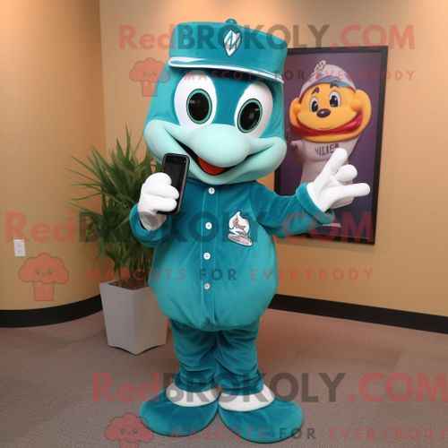 Personnage De Costume De Mascotte Redbrokoly De Téléphone Bleu Sarcelle Habillé Avec Un T-Shirt De Baseball Et Des Clips Pour Écharpe