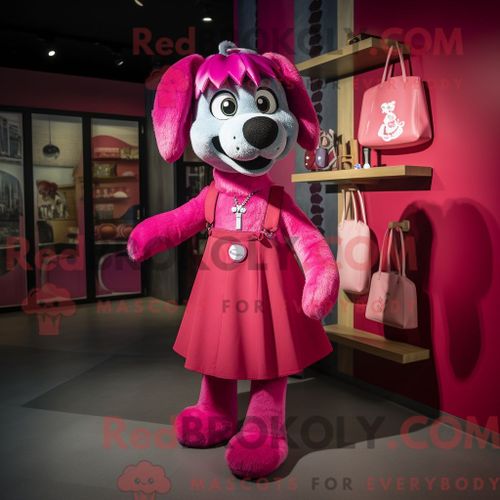 Personnage De Costume De Mascotte Redbrokoly De Chien Magenta Habillé Avec Une Robe Droite Et Des Sacs À Main