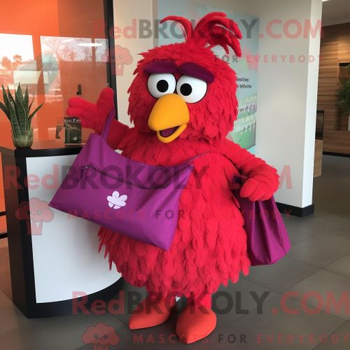 Personnage De Costume De Mascotte Redbrokoly De Poulet Parmesan Magenta Habillé Avec Une Robe Taille Empire Et Des Sacs Messager