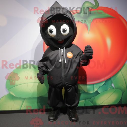 Costume Mascotte Redbrokoly De Tomate Noire Personnage Habillé Avec Un Coupe-Vent Et Des Boucles D Oreilles