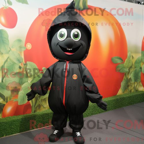 Costume Mascotte Redbrokoly De Tomate Noire Personnage Habillé Avec Un Coupe-Vent Et Des Boucles D Oreilles