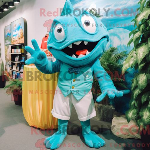Costume Mascotte Redbrokoly De Piranha Turquoise Personnage Habillé Avec Une Jupe-Culotte Et Des Cravates