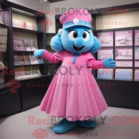 Costume Mascotte Redbrokoly Rose Cyan Habillé D Une Jupe Plissée Et De Bérets