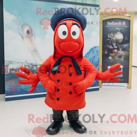 Costume Mascotte Redbrokoly De Homard Personnage Habillé D Un Manteau Et De Bérets