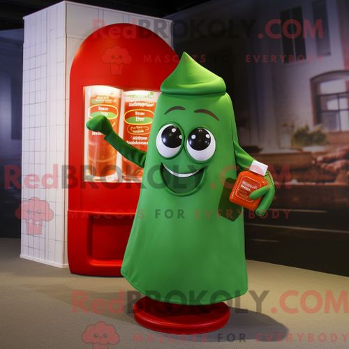 Personnage De Costume De Mascotte Redbrokoly De Bouteille Verte De Ketchup Habillé Avec Une Couverture Et Un Porte-Monnaie