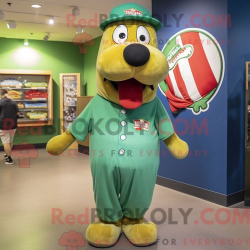 Personnage De Costume De Mascotte Redbrokoly De Hot Dog Vert Habillé Avec Une Chemise Boutonnée Et Des Épingles À Chapeau