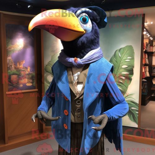 Costume Mascotte Redbrokoly De Toucan Bleu Personnage Habillé D Un Gilet Et D Épingles À Châle