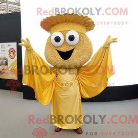 Costume Mascotte Redbrokoly De Paella Dorée Personnage Habillé D Une Combishort Et D Épingles À Châle