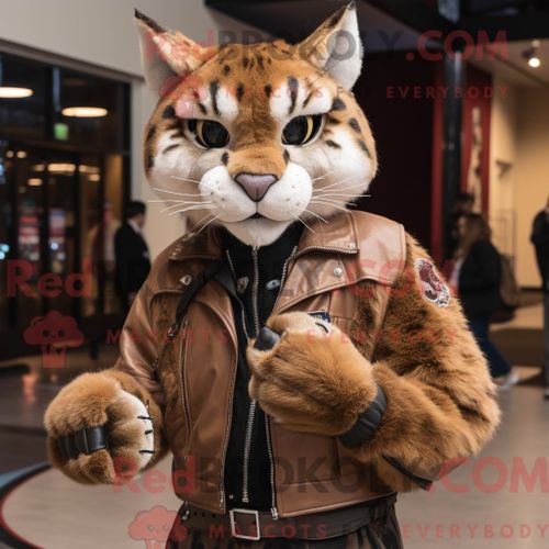 Costume Mascotte Redbrokoly De Lynx Marron Habillé D Une Veste De Moto Et De Boucles D Oreilles