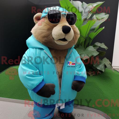 Costume Mascotte Redbrokoly De Capybara Bleu Ciel Personnage Habillé Avec Un Blouson Aviateur Et Des Lunettes De Soleil