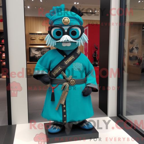 Costume Mascotte Redbrokoly De Samouraï Turquoise Personnage Habillé Avec Un Gilet Et Des Lunettes