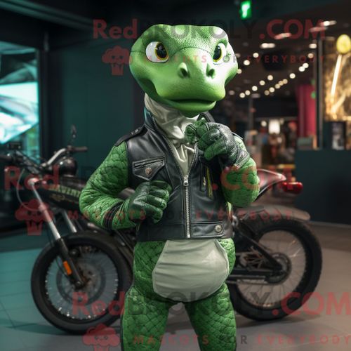 Costume De Mascotte Redbrokoly De Python Vert Habillé D Une Veste De Motard Et De Sacs Messager