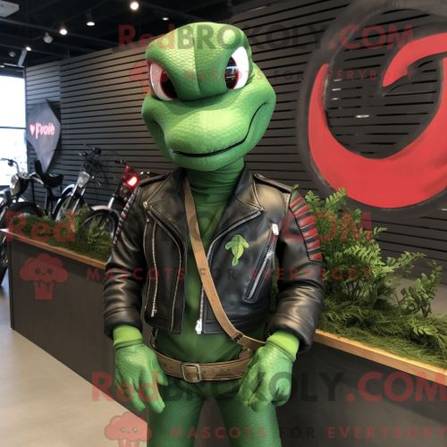 Costume De Mascotte Redbrokoly De Python Vert Habillé D Une Veste De Motard Et De Sacs Messager