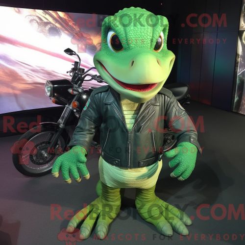 Costume De Mascotte Redbrokoly De Python Vert Habillé D Une Veste De Motard Et De Sacs Messager