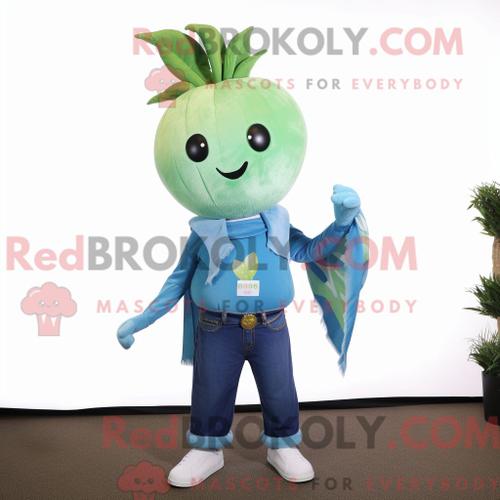 Personnage De Costume De Mascotte Redbrokoly De Navet Cyan Habillé Avec Un Jean Évasé Et Des Colliers