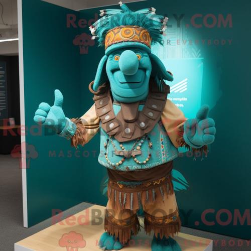 Costume Mascotte Redbrokoly De Chef Turquoise Personnage Habillé D Un Cardigan Et De Bracelets