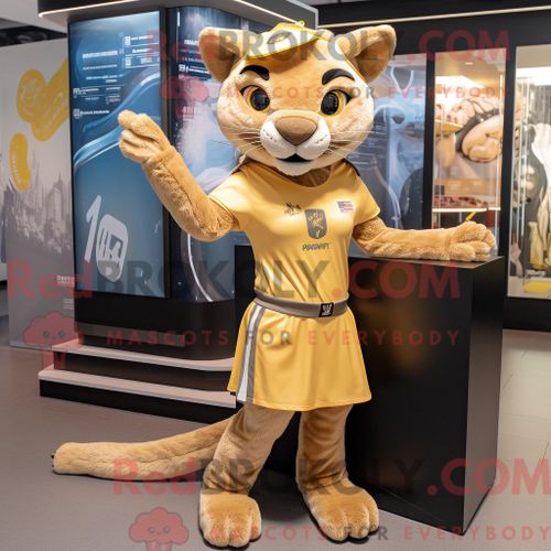 Costume Mascotte Redbrokoly Puma Doré Personnage Habillé Avec Une Mini-Robe Et Des Cravates